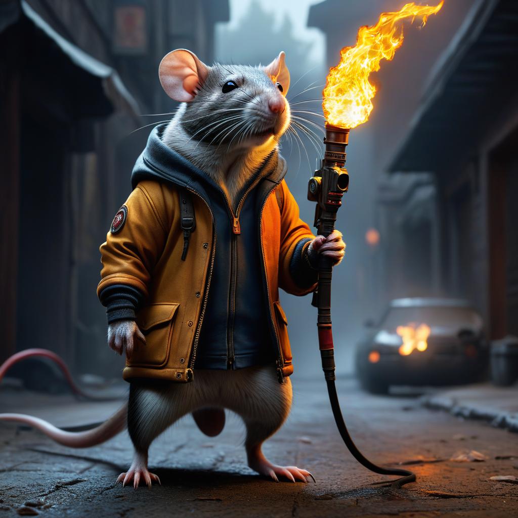  concept art A thin rat with a flamethrower. . digital artwork, illustrative, painterly, matte painting, highly detailed hyperrealistic, full body, detailed clothing, highly detailed, cinematic lighting, stunningly beautiful, intricate, sharp focus, f/1. 8, 85mm, (centered image composition), (professionally color graded), ((bright soft diffused light)), volumetric fog, trending on instagram, trending on tumblr, HDR 4K, 8K