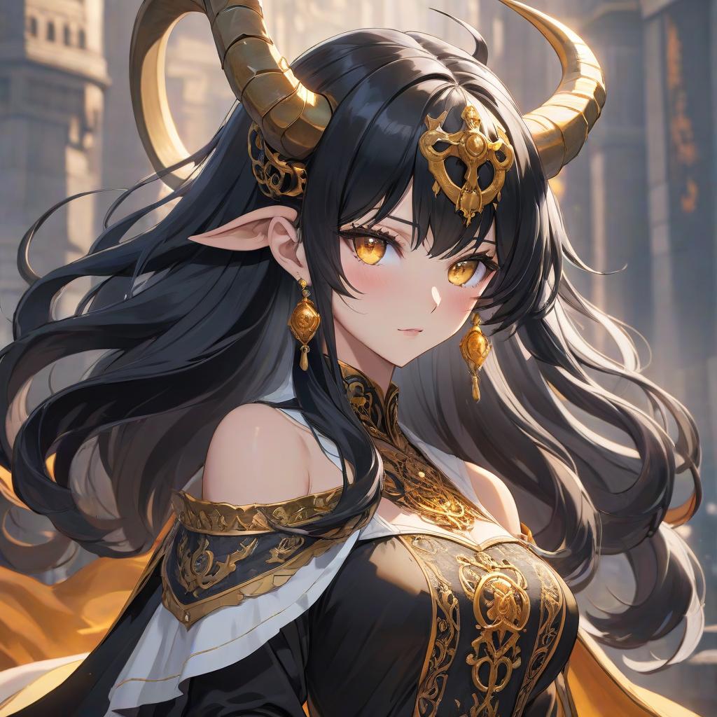  anime artwork A tall and stately lady, with the imposing physique of a minotaur. Heavy black hair falls in waves to her shoulders. Bright amber eyes hint at her otherworldly heritage. Crooked horns frame her face, giving her a regal and terrifying aspect. Wearing a flowing black mantle decorated with intricate necromantic symbols. . anime style, key visual, vibrant, studio anime, highly detailed hyperrealistic, full body, detailed clothing, highly detailed, cinematic lighting, stunningly beautiful, intricate, sharp focus, f/1. 8, 85mm, (centered image composition), (professionally color graded), ((bright soft diffused light)), volumetric fog, trending on instagram, trending on tumblr, HDR 4K, 8K