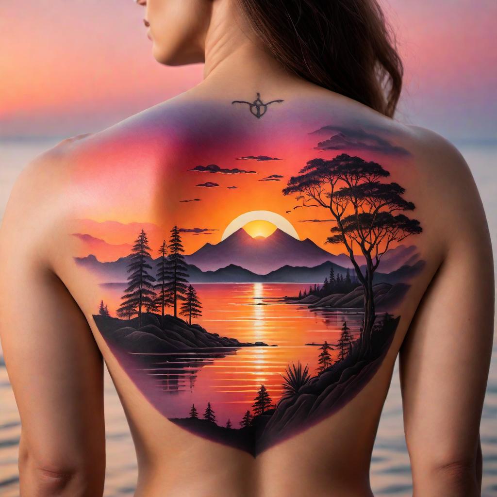  tattoo design for the back featuring a dramatic sunset scene. The design should include a vibrant gradient sky with shades of orange, pink, and purple as the sun sets. Include silhouettes of natural elements such as trees, mountains, and possibly a body of water. Make the composition continuous and flowing to fit the curvature of the back, creating a serene and breathtaking scene that captures the essence of a sunset. hyperrealistic, full body, detailed clothing, highly detailed, cinematic lighting, stunningly beautiful, intricate, sharp focus, f/1. 8, 85mm, (centered image composition), (professionally color graded), ((bright soft diffused light)), volumetric fog, trending on instagram, trending on tumblr, HDR 4K, 8K