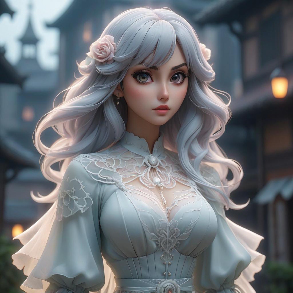  an anime style ghost girl. hyperrealistic, full body, detailed clothing, highly detailed, cinematic lighting, stunningly beautiful, intricate, sharp focus, f/1. 8, 85mm, (centered image composition), (professionally color graded), ((bright soft diffused light)), volumetric fog, trending on instagram, trending on tumblr, HDR 4K, 8K