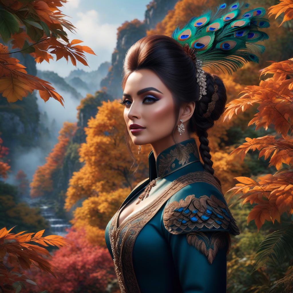  (Masterpiece, acrylic painting: 1.7). close up, portrait, Peacock Girl, background nature autumn, crayons, pencils, 8k digital art, Artgerm, Steven DaLuz, imon Prades, Guweiz, John Berkey,, ultra hd, realistic, vivid colors, highly detailed, UHD drawing, pen and ink, perfect composition, beautiful detailed intricate insanely detailed octane render trending on artstation, 8k artistic photography, photorealistic concept art, soft natural volumetric cinematic perfect light hyperrealistic, full body, detailed clothing, highly detailed, cinematic lighting, stunningly beautiful, intricate, sharp focus, f/1. 8, 85mm, (centered image composition), (professionally color graded), ((bright soft diffused light)), volumetric fog, trending on instagram, trending on tumblr, HDR 4K, 8K