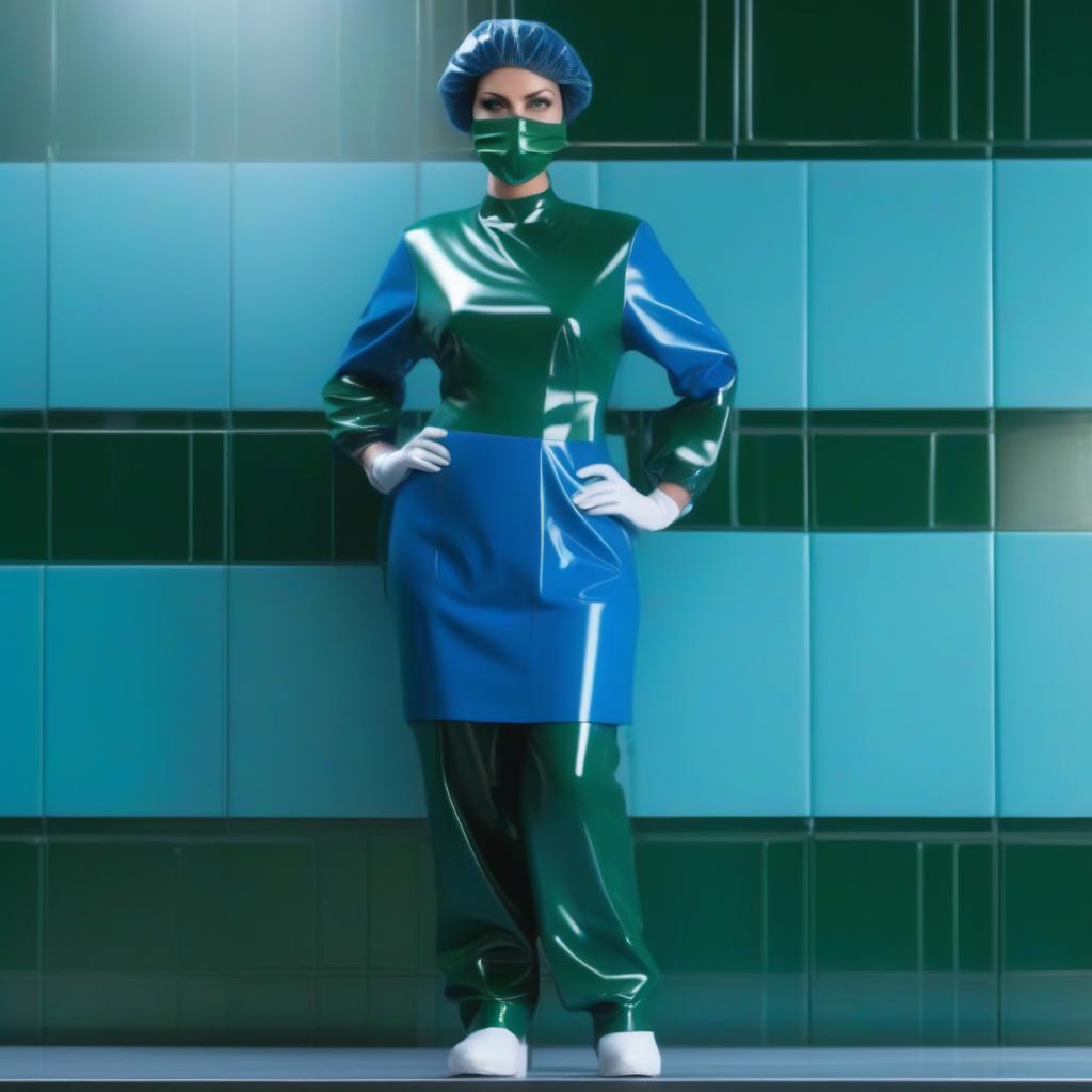  The woman stands straight, at full height, her face is directed directly at the viewer. On her face she is wearing a surgical mask with ribbon ties, made of glossy latex. The mask is split horizontally in half, creating two equal parts: the upper half of the mask is dark green and the lower half is dark blue. The mask is carefully fitted, fitting snugly to the bridge of the nose and chin, and is secured to the back of the head and neck with bands. hyperrealistic, full body, detailed clothing, highly detailed, cinematic lighting, stunningly beautiful, intricate, sharp focus, f/1. 8, 85mm, (centered image composition), (professionally color graded), ((bright soft diffused light)), volumetric fog, trending on instagram, trending on tumblr, HDR 4K, 8K