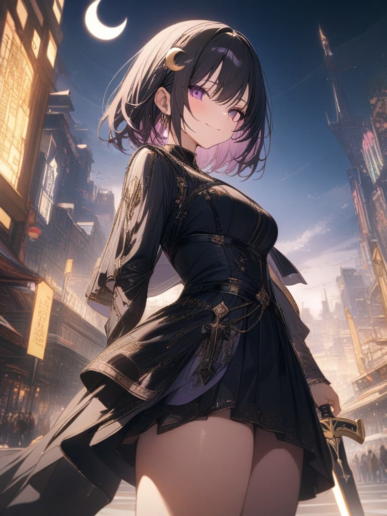  Holy sword,golden sword,burning city,smile,sword raised,golden light,Excalibur,cool girl,Black hair,(purple eyes),short,cropped hair,crescent moon hair ornament, masterpiece, best quality,8k,ultra detailed,high resolution,an extremely delicate and beautiful,hyper detail