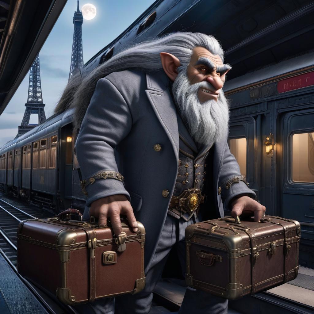  A high resolution masterpiece in the style of the Warcraft III game, a troll with gray hair, a train compartment, a spruce club at the ready, suitcase with stickers, the moon outside the carriage window, the Eiffel Tower in the distance, ultra detail. hyperrealistic, full body, detailed clothing, highly detailed, cinematic lighting, stunningly beautiful, intricate, sharp focus, f/1. 8, 85mm, (centered image composition), (professionally color graded), ((bright soft diffused light)), volumetric fog, trending on instagram, trending on tumblr, HDR 4K, 8K