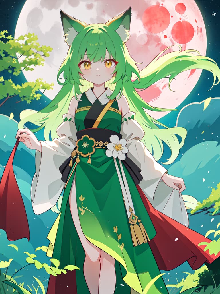  Green hair fox ear character that howls under the red shining moon, masterpiece, best quality,8k,ultra detailed,high resolution,an extremely delicate and beautiful,hyper detail