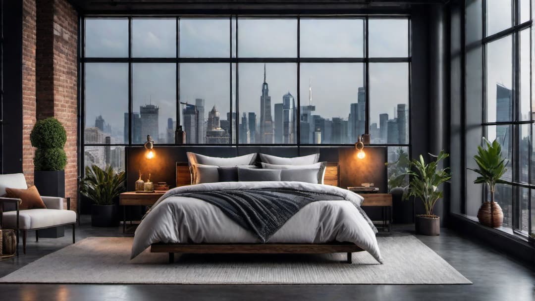  Generate an image of a sophisticated industrial bedroom with a masculine aesthetic. The focal point should be a bold industrial bed frame made of rugged metal, accompanied by a dramatic industrial headboard. Incorporate subtle decoration pieces like vintage industrial lighting fixtures and distressed leather seating to enhance the urban and rugged elegance of the room. hyperrealistic, full body, detailed clothing, highly detailed, cinematic lighting, stunningly beautiful, intricate, sharp focus, f/1. 8, 85mm, (centered image composition), (professionally color graded), ((bright soft diffused light)), volumetric fog, trending on instagram, trending on tumblr, HDR 4K, 8K