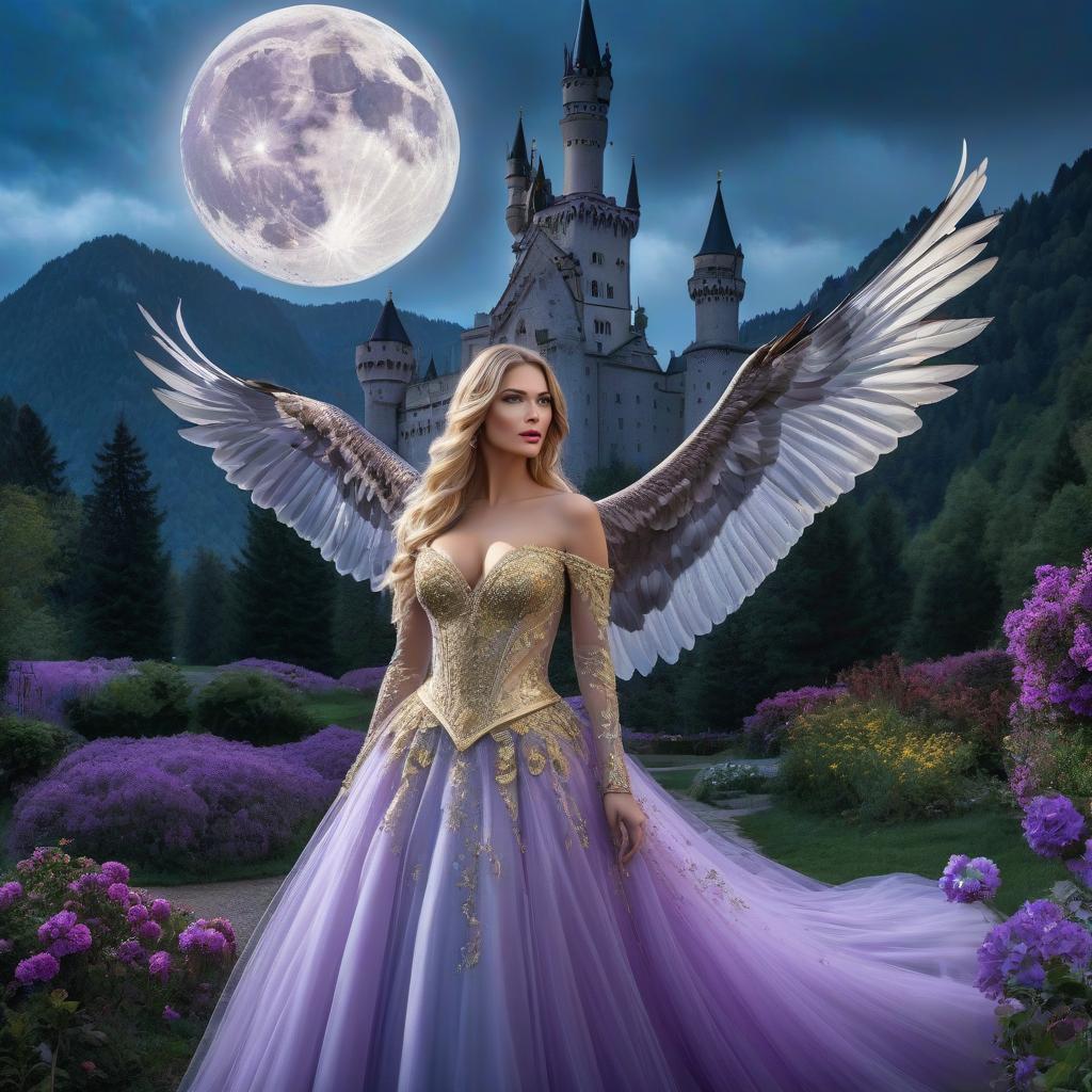  Fairy tale blue eyed eagle. Neuschwanstein. The girl in the gold dress. A very pretty girl. Garden of Eden. Rain. Flying saucer. Space, fantasy. Purple, blue, silver colors. Moon. hyperrealistic, full body, detailed clothing, highly detailed, cinematic lighting, stunningly beautiful, intricate, sharp focus, f/1. 8, 85mm, (centered image composition), (professionally color graded), ((bright soft diffused light)), volumetric fog, trending on instagram, trending on tumblr, HDR 4K, 8K