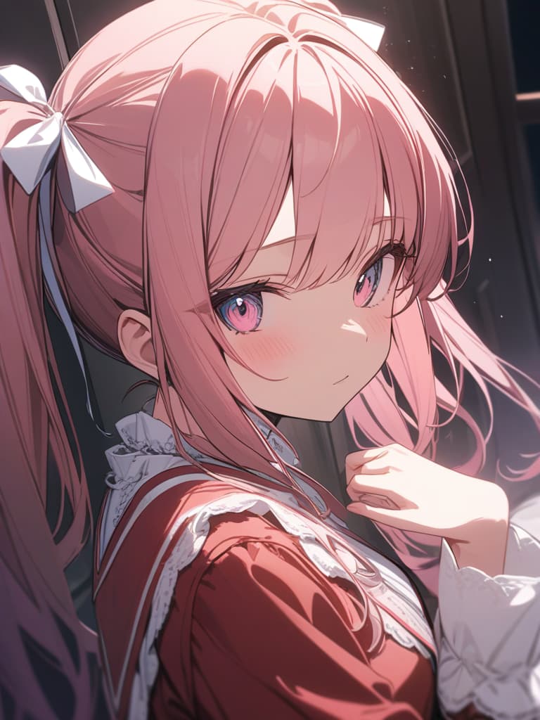  Pink hair, twin tails, white ribbon, fight against sleep, lolita fashion, masterpiece, best quality,8k,ultra detailed,high resolution,an extremely delicate and beautiful,hyper detail