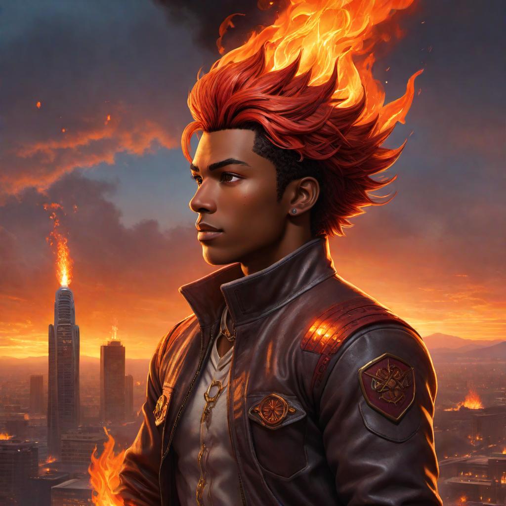  A depiction of Fire Boy, an imaginative character. Fire Boy has flames emanating from his hair and hands, giving off a warm, glowing light. His clothes are fire-resistant and have a rugged, hero-like appearance. The background shows a cityscape at dusk with a dramatic, fiery glow in the sky. hyperrealistic, full body, detailed clothing, highly detailed, cinematic lighting, stunningly beautiful, intricate, sharp focus, f/1. 8, 85mm, (centered image composition), (professionally color graded), ((bright soft diffused light)), volumetric fog, trending on instagram, trending on tumblr, HDR 4K, 8K