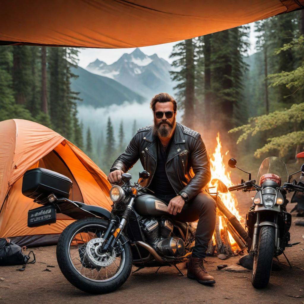  A large biker with a fun and goofy expression, camping on the side of the road with a tent and a motorcycle nearby. He’s trying to cook a meal over a campfire but comically failing, perhaps a dropped pot or exaggerated mishap. Nearby, a cozy van with an inviting and scenic backdrop of mountains or forest. The scene is lighthearted and animated, capturing both the spirit of adventure and humor in the biker’s camping and van life experience. hyperrealistic, full body, detailed clothing, highly detailed, cinematic lighting, stunningly beautiful, intricate, sharp focus, f/1. 8, 85mm, (centered image composition), (professionally color graded), ((bright soft diffused light)), volumetric fog, trending on instagram, trending on tumblr, HDR 4K, 8K