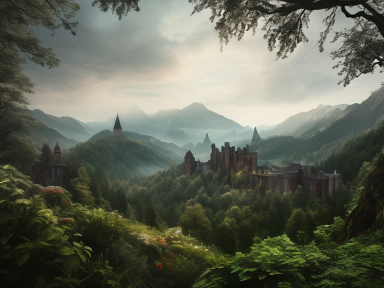  A dark image, gloomy, mountains, a large old brick castle. hyperrealistic, full body, detailed clothing, highly detailed, cinematic lighting, stunningly beautiful, intricate, sharp focus, f/1. 8, 85mm, (centered image composition), (professionally color graded), ((bright soft diffused light)), volumetric fog, trending on instagram, trending on tumblr, HDR 4K, 8K