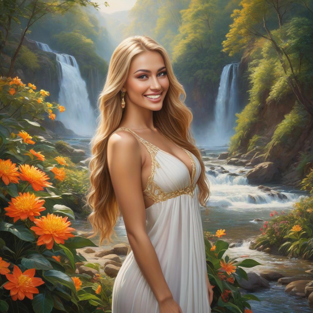  (Oil painting. 1.3) Exotic waterfall, exotic flowers, a Slavic girl with an enchanting smile, golden long hair, a beautiful refined face, alive sparkling eyes, textured skin, attention to details. hyperrealistic, full body, detailed clothing, highly detailed, cinematic lighting, stunningly beautiful, intricate, sharp focus, f/1. 8, 85mm, (centered image composition), (professionally color graded), ((bright soft diffused light)), volumetric fog, trending on instagram, trending on tumblr, HDR 4K, 8K