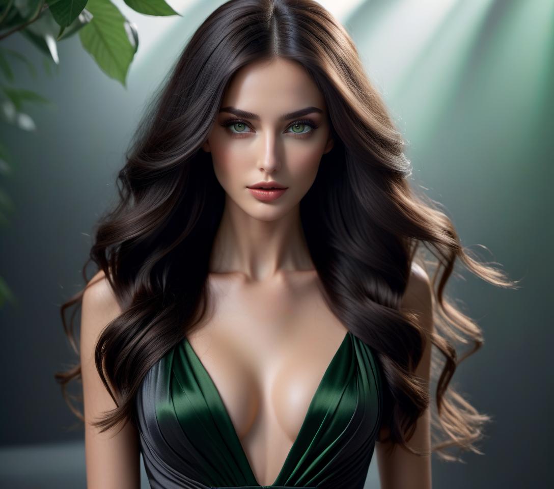  hyperrealistic art young , green eyes, black wavy long hair, beautiful, regular facial features, , slender, dressed in a dark gray dress, narrow long fingers, graceful, slender figure, small s . extremely high resolution details, photographic, realism pushed to extreme, fine texture, incredibly lifelike hyperrealistic, full body, detailed clothing, highly detailed, cinematic lighting, stunningly beautiful, intricate, sharp focus, f/1. 8, 85mm, (centered image composition), (professionally color graded), ((bright soft diffused light)), volumetric fog, trending on instagram, trending on tumblr, HDR 4K, 8K