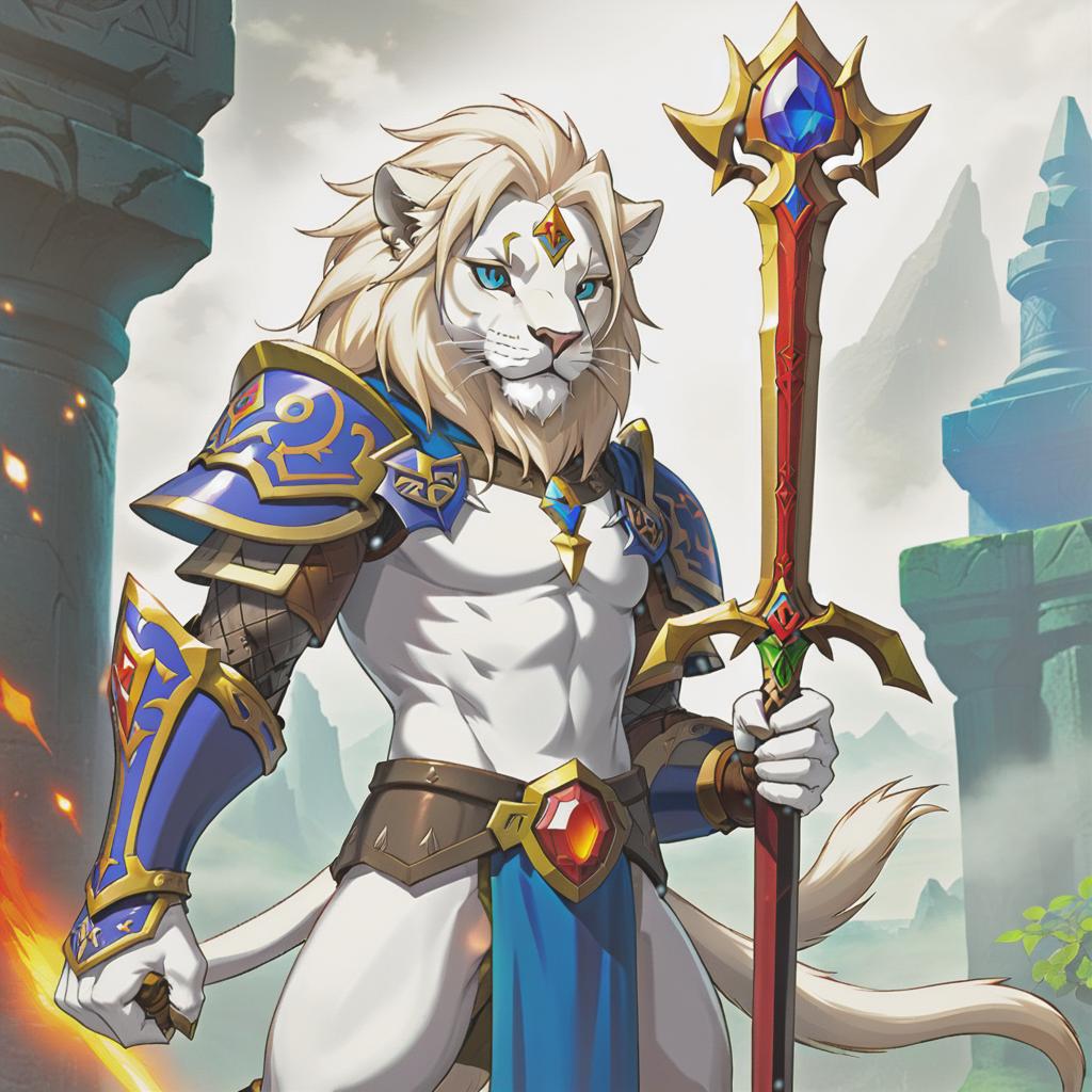  Legend of Zelda style Humanoid. White lion. Has a full white mane. The left eye has a scar obtained during fencing training. The left eye also has an orange tint, indicating that there is a stylized fire power within it. Despite the scars and cuts, it has a neat and tidy appearance, equipped with a black meteorite stone dagger and a bronze plate armor with a relief of its own body, as well as a blue stone of unknown origin embedded in the armor. Seemingly muscular build, mesomorphic body type. . vibrant, fantasy, detailed, epic, heroic, reminiscent of The Legend of Zelda series, hkmagic hyperrealistic, full body, detailed clothing, highly detailed, cinematic lighting, stunningly beautiful, intricate, sharp focus, f/1. 8, 85mm, (centered image composition), (professionally color graded), ((bright soft diffused light)), volumetric fog, trending on instagram, trending on tumblr, HDR 4K, 8K