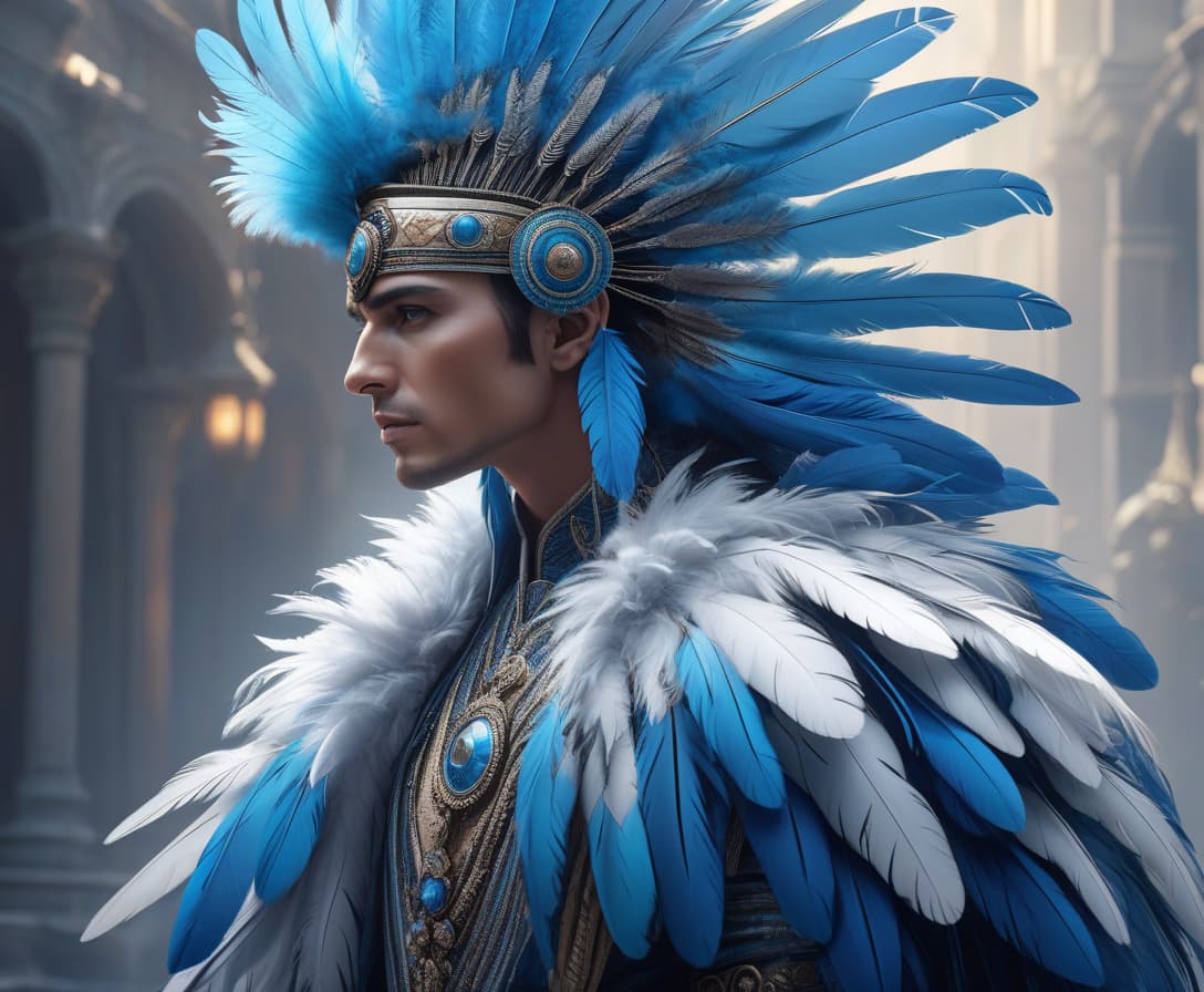  concept art "This is a portrait of a person with feathers for hair. Their eyes are a profound, mesmerizing blue. The feathers rustle and shift with their emotions." . digital artwork, illustrative, painterly, matte painting, highly detailed hyperrealistic, full body, detailed clothing, highly detailed, cinematic lighting, stunningly beautiful, intricate, sharp focus, f/1. 8, 85mm, (centered image composition), (professionally color graded), ((bright soft diffused light)), volumetric fog, trending on instagram, trending on tumblr, HDR 4K, 8K