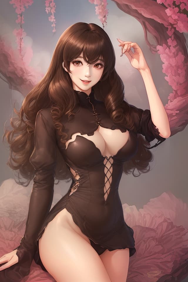  悪女、峰不二子(illustration style)(close up of upper body)(y beautiful woman)(Fujiko Mine)(nice body)(dark brown curly hair)(tight fitting y dress)(y smile) masterpiece,high quality,8K