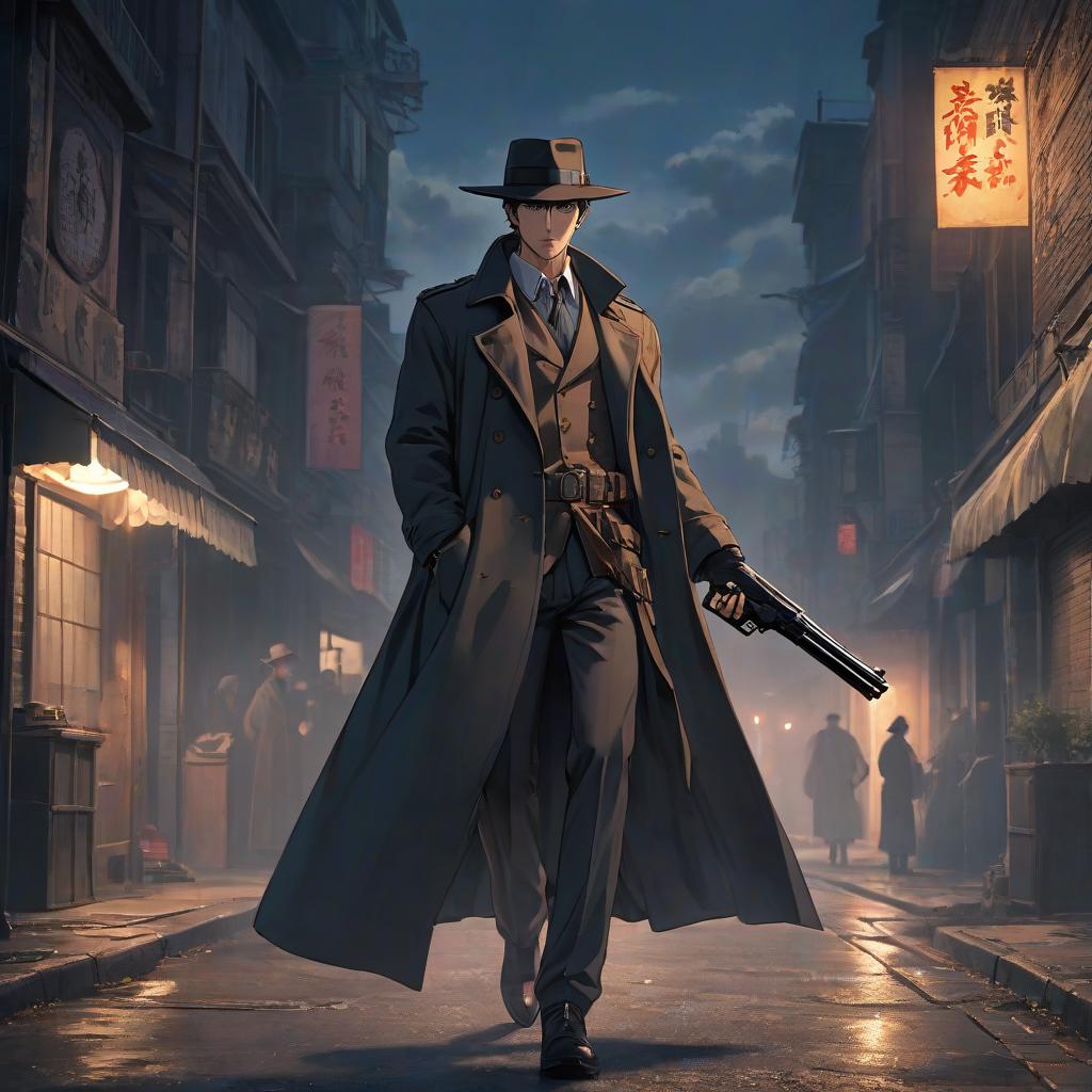  anime artwork A man stands in the dark, long coat fluttering in the wind. There is a hat. In his right hand he holds a revolver, with a confident and ready to action stance. . anime style, key visual, vibrant, studio anime, highly detailed hyperrealistic, full body, detailed clothing, highly detailed, cinematic lighting, stunningly beautiful, intricate, sharp focus, f/1. 8, 85mm, (centered image composition), (professionally color graded), ((bright soft diffused light)), volumetric fog, trending on instagram, trending on tumblr, HDR 4K, 8K