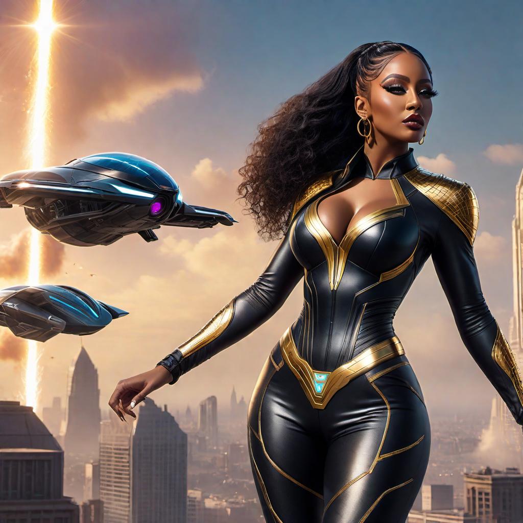  A powerful and beautiful superhero Black woman with a curvy body like Cardi B, featuring skin with gold dust, hair made of real gold, and eyes made of real gold. She is a goddess with the power to drain and reuse energy. She is dressed in a futuristic outfit and rides a hoverboard. She holds laser whips and guns, surrounded by high-tech weapons and vehicles powered by energy. She is actively drawing energy from her enemies, killing them by taking their energy. She is engaged in an epic battle with another equally powerful god in a futuristic city. Standing in the background is her team: her boyfriend, the black panther (Tech), who is a genius and the captain of the Air Force and the lead scientist; her best friend, Lyon, who is incredibly f hyperrealistic, full body, detailed clothing, highly detailed, cinematic lighting, stunningly beautiful, intricate, sharp focus, f/1. 8, 85mm, (centered image composition), (professionally color graded), ((bright soft diffused light)), volumetric fog, trending on instagram, trending on tumblr, HDR 4K, 8K