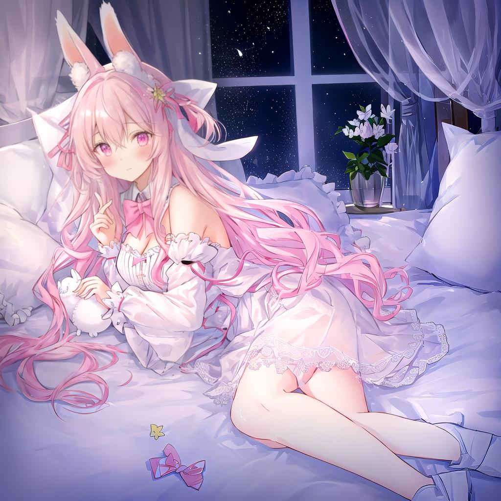  beautiful ilration, best quality, cute , bedroom, pastel color, fluffy bunny ears, , silver long hair, rabbit stuffed toy, bright lighting, light pink eyes hyperrealistic, full body, detailed clothing, highly detailed, cinematic lighting, stunningly beautiful, intricate, sharp focus, f/1. 8, 85mm, (centered image composition), (professionally color graded), ((bright soft diffused light)), volumetric fog, trending on instagram, trending on tumblr, HDR 4K, 8K