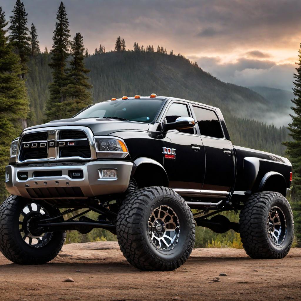  A black Dodge Cummins 2011 Megacab truck, lifted with a six-inch lift, sitting on 24-inch chrome deep dish wheels and 35-inch tires. The truck is set against a rugged or scenic background to highlight its features. hyperrealistic, full body, detailed clothing, highly detailed, cinematic lighting, stunningly beautiful, intricate, sharp focus, f/1. 8, 85mm, (centered image composition), (professionally color graded), ((bright soft diffused light)), volumetric fog, trending on instagram, trending on tumblr, HDR 4K, 8K