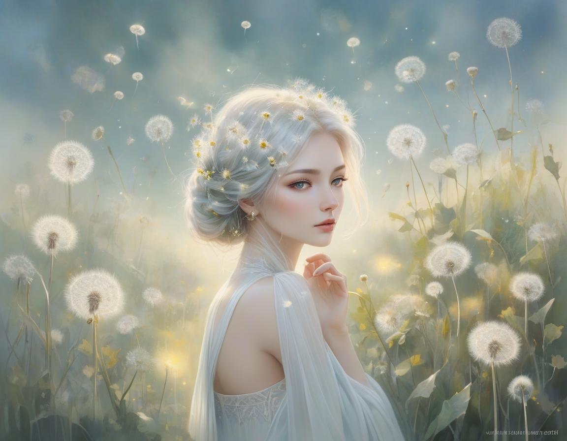  concept art A tranquil image of a young with dandelions in her hair, surrounded by a soft, dreamy landscape. Delicate watercolor painting, ethereal atmosphere, whimsical dandelion hair, floating wishes, eyes reflecting the sky, innocence and wonder, soft pastel colors, gentle strokes, dreamy and airy feel, light and shadow play, intricate details, fine art quality, by Emily Winfield Martin, Etsy, 3000x4000 resolution. . digital artwork, ilrative, painterly, matte painting, highly detailed hyperrealistic, full body, detailed clothing, highly detailed, cinematic lighting, stunningly beautiful, intricate, sharp focus, f/1. 8, 85mm, (centered image composition), (professionally color graded), ((bright soft diffused light)), volumetric fog, trending on instagram, trending on tumblr, HDR 4K, 8K