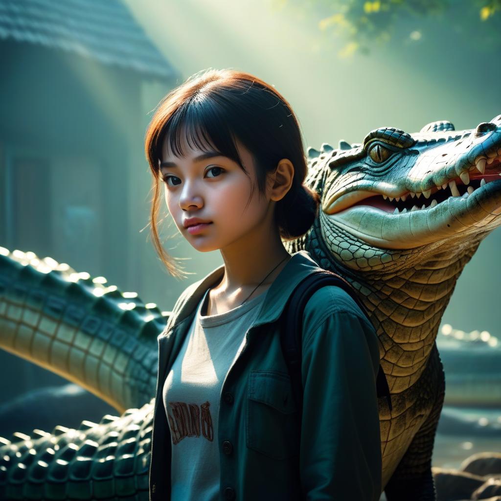  A girl with a crocodile face, hyperrealistic, high quality, highly detailed, cinematic lighting, intricate, sharp focus, f/1. 8, 85mm, (centered image composition), (professionally color graded), ((bright soft diffused light)), volumetric fog, trending on instagram, HDR 4K, 8K