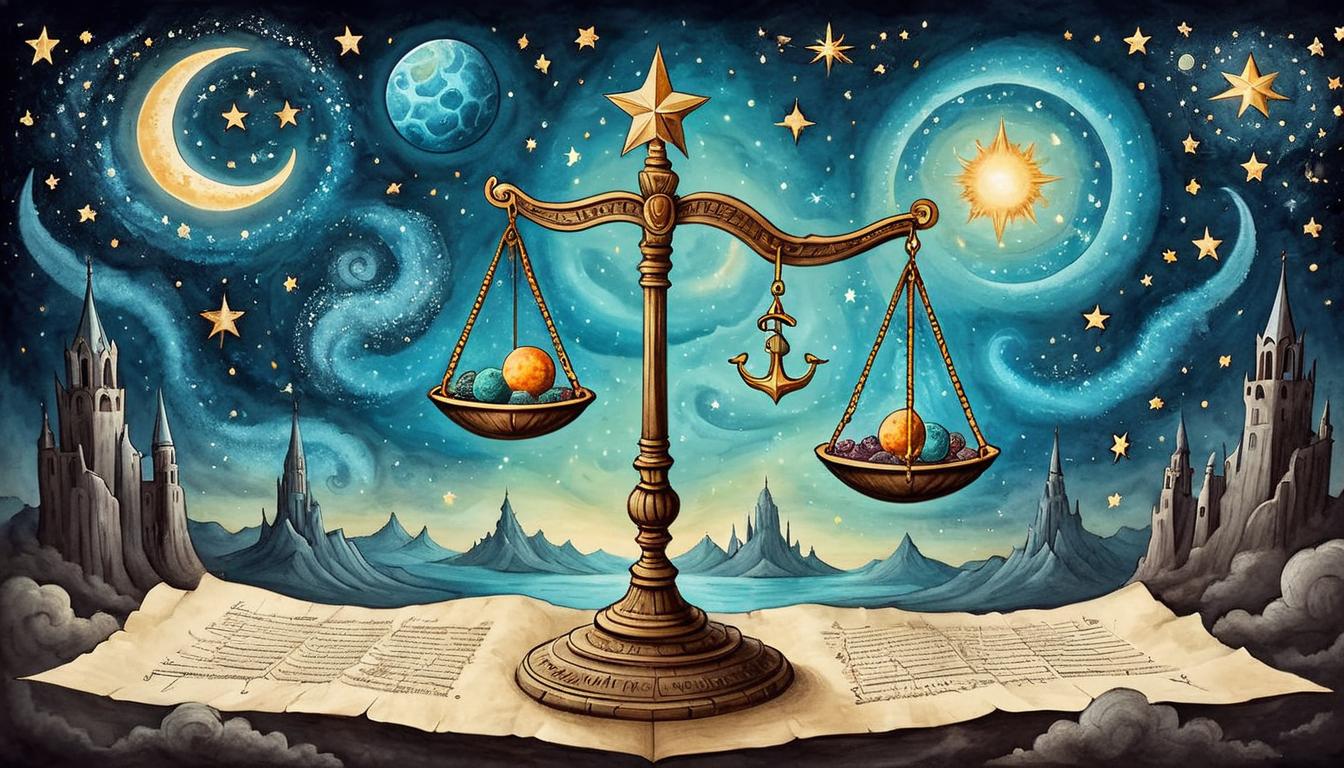  on parchment, surrealism+++, Scales of justice in a cosmic void, perfectly balanced with stars and celestial bodies, glowing, meticulous, grand(mysterious, provocative, symbolic,muted color)+++