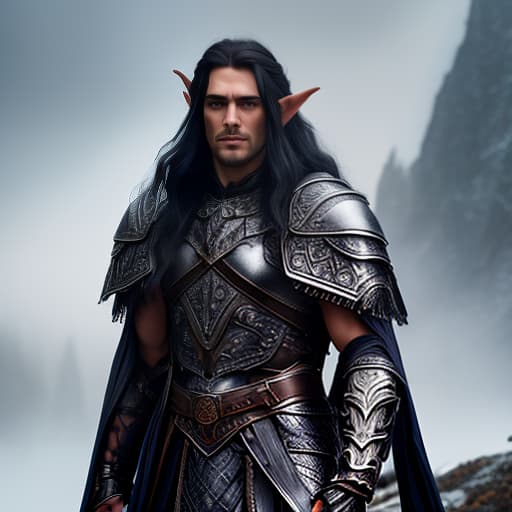  A handsome, masculine, warlike young elf with long black hair, gray eyes, a thin face, a scar on his face, in silver chainmail armor, a blue cloak, a crown, is standing tall against the backdrop of blue misty mountains., slate atmosphere, cinematic, dimmed colors, dark shot, muted colors, film grainy, lut, spooky hyperrealistic, full body, detailed clothing, highly detailed, cinematic lighting, stunningly beautiful, intricate, sharp focus, f/1. 8, 85mm, (centered image composition), (professionally color graded), ((bright soft diffused light)), volumetric fog, trending on instagram, trending on tumblr, HDR 4K, 8K