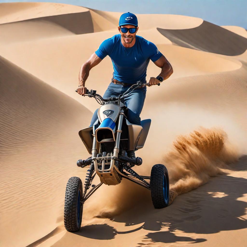  A 6-foot-tall Caucasian man with brown hair wearing a backward ball cap and Oakley sunglasses with blue lenses, riding a three-wheeler and jumping over a sand dune. The man is good-looking, fit, and proportionate in weight. hyperrealistic, full body, detailed clothing, highly detailed, cinematic lighting, stunningly beautiful, intricate, sharp focus, f/1. 8, 85mm, (centered image composition), (professionally color graded), ((bright soft diffused light)), volumetric fog, trending on instagram, trending on tumblr, HDR 4K, 8K