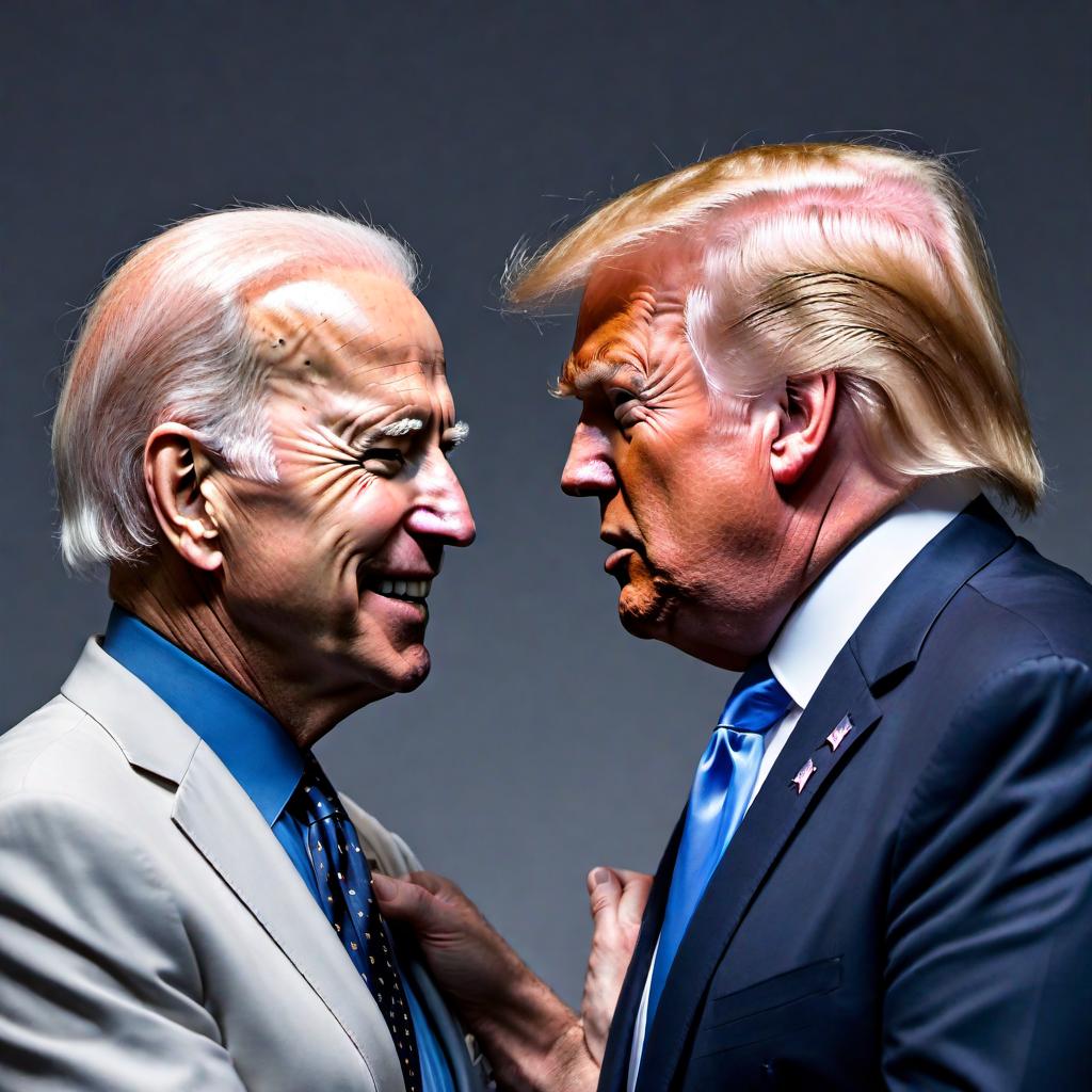  An image of Joe Biden kneeling down while Donald Trump is hugging him in a friendly manner, with Donald Trump's pants halfway up. hyperrealistic, full body, detailed clothing, highly detailed, cinematic lighting, stunningly beautiful, intricate, sharp focus, f/1. 8, 85mm, (centered image composition), (professionally color graded), ((bright soft diffused light)), volumetric fog, trending on instagram, trending on tumblr, HDR 4K, 8K