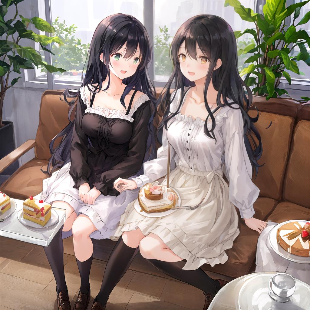  a girl,beautiful illustration, best quality, cute girl, cafe, sitting, parfait, cake, (spoken heart), happy, open mouth, close eyes, casual clothes, collarbone, long hair, black hair hyperrealistic, full body, detailed clothing, highly detailed, cinematic lighting, stunningly beautiful, intricate, sharp focus, f/1. 8, 85mm, (centered image composition), (professionally color graded), ((bright soft diffused light)), volumetric fog, trending on instagram, trending on tumblr, HDR 4K, 8K