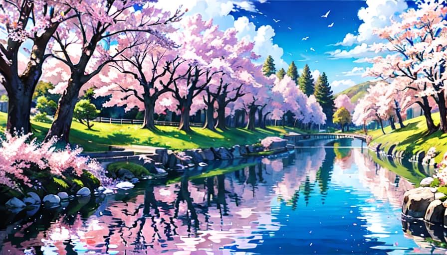  master piece , best quality,2D illustration, cherry blossoms, blue sky, landscape painting