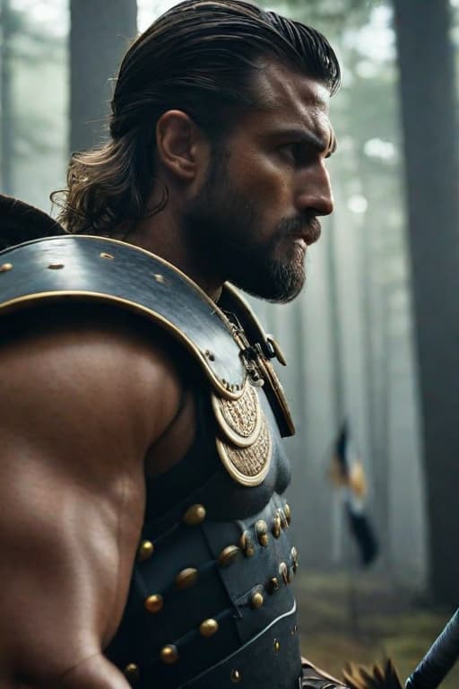  Side View of a Roman Warrior wearing a shield on his back,Overgrown,mystic,ethereal,darkness,muscular,spartan,more impressive beard,extreme detailed and ornamented armor,black armor,gold ornament, atmospheric haze,Film grain,cinematic film still,shallow depth of field,highly detailed,high budget,cinemascope,moody,epic,OverallDetail,2000s vintage RAW photo,photorealistic,candid camera,color graded cinematic,eye catchlights,atmospheric lighting,imperfections,natural,shallow dof,dynamic angle,full body,<lora:RMSDXL Darkness Cinema:0.8>,<lora:RMSDXL Enhance:0.8>,, high resolution,extreme detail hyperrealistic, full body, detailed clothing, highly detailed, cinematic lighting, stunningly beautiful, intricate, sharp focus, f/1. 8, 85mm, (centered image composition), (professionally color graded), ((bright soft diffused light)), volumetric fog, trending on instagram, trending on tumblr, HDR 4K, 8K