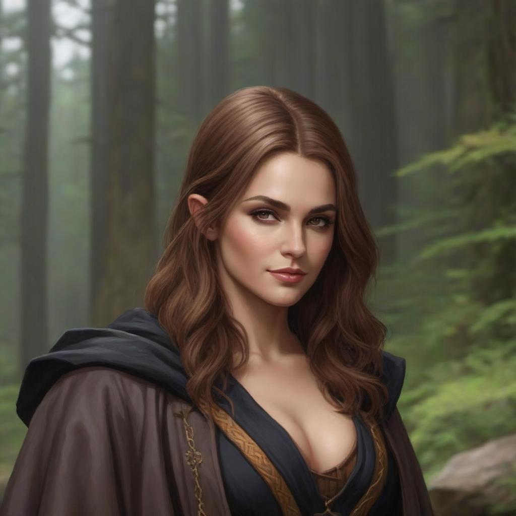  fantasy, Middle Ages, characters, waist-high, D&D 5th edition style, a rogue woman in a black raincoat, elf, brown hair, smug face, realistic, great detail