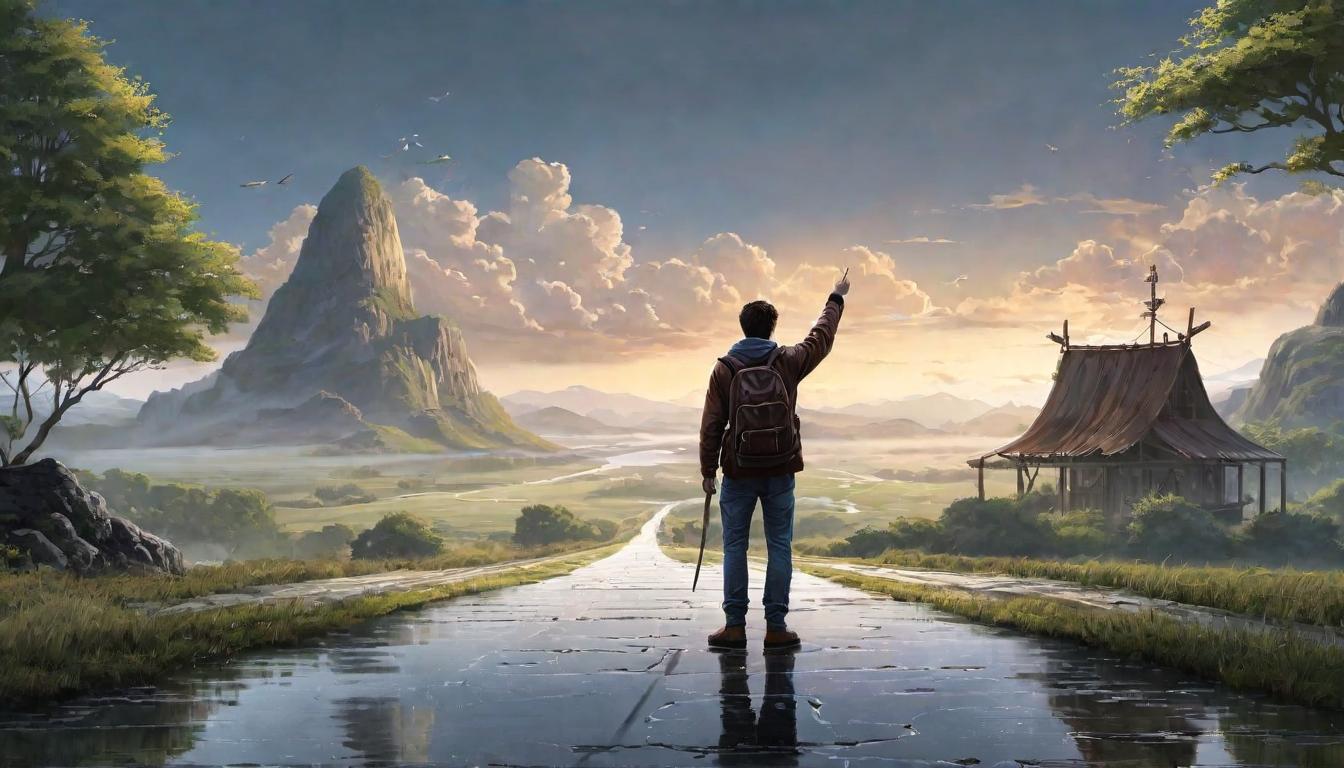  digital illustration, Person making a decision at a crossroads, offering a hand to a friend, background of peaceful landscape, reflective, supportive, meaningful, looking at viewer, dynamic pose, (intricate details, masterpiece, best quality)