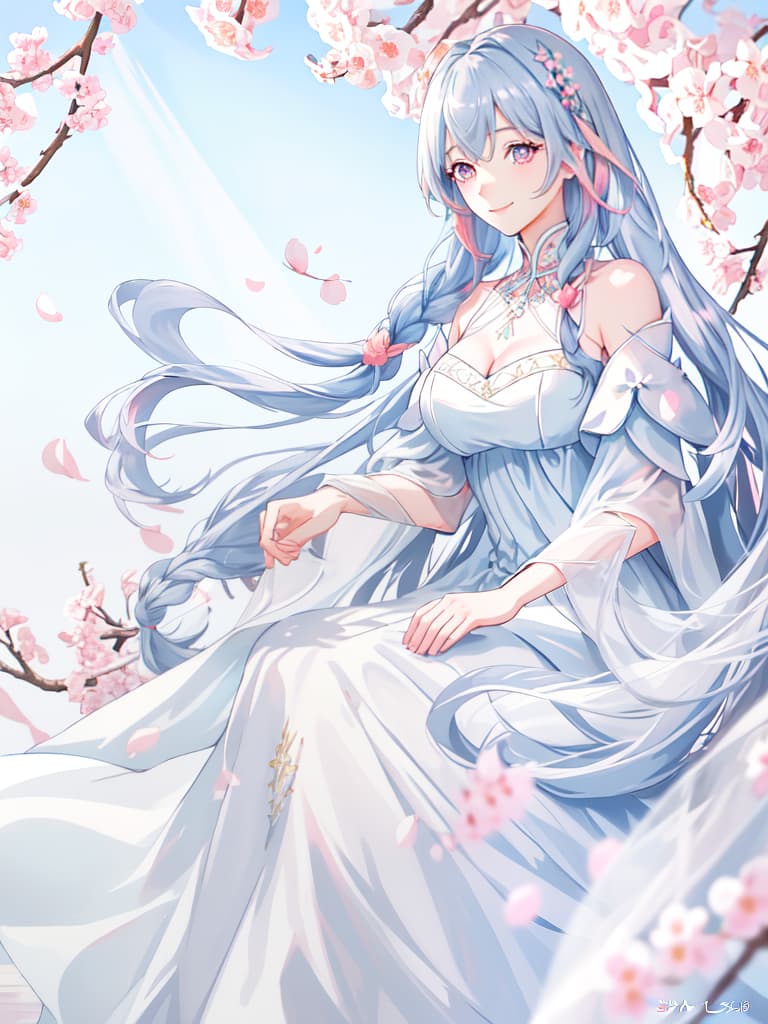  1 mature lady,pale blue hair,black eyes,single braid right side,sunlight,((white pink dress)),goddess,soft look,smile,cherry blossoms, masterpiece, best quality,8k,ultra detailed,high resolution,an extremely delicate and beautiful,hyper detail