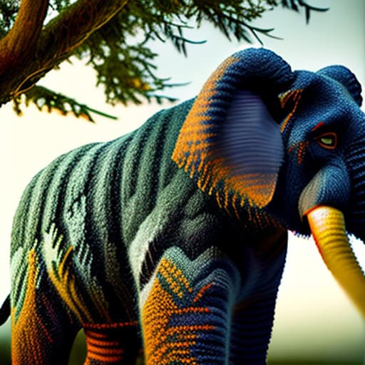 woolitize tiger in forest attacking on a elephant hyperrealistic, full body, detailed clothing, highly detailed, cinematic lighting, stunningly beautiful, intricate, sharp focus, f/1. 8, 85mm, (centered image composition), (professionally color graded), ((bright soft diffused light)), volumetric fog, trending on instagram, trending on tumblr, HDR 4K, 8K