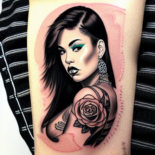  Take a look at this stunning tattoo sketch featuring a fierce brunette woman. Her Japanese, Puerto Rican, and Scandinavian roots are evident in the intricate artwork. Urban motifs such as roses, peonies, and chrysanthemums seamlessly blend with symbols of skulls, money, and coy fish, creating a unique fusion of cultures. This traditional pinup style design beautifully incorporates influences from Puerto Rican and Japanese street gang culture, resulting in a mesmerizing blend of cultural symbolism and artistic expression.