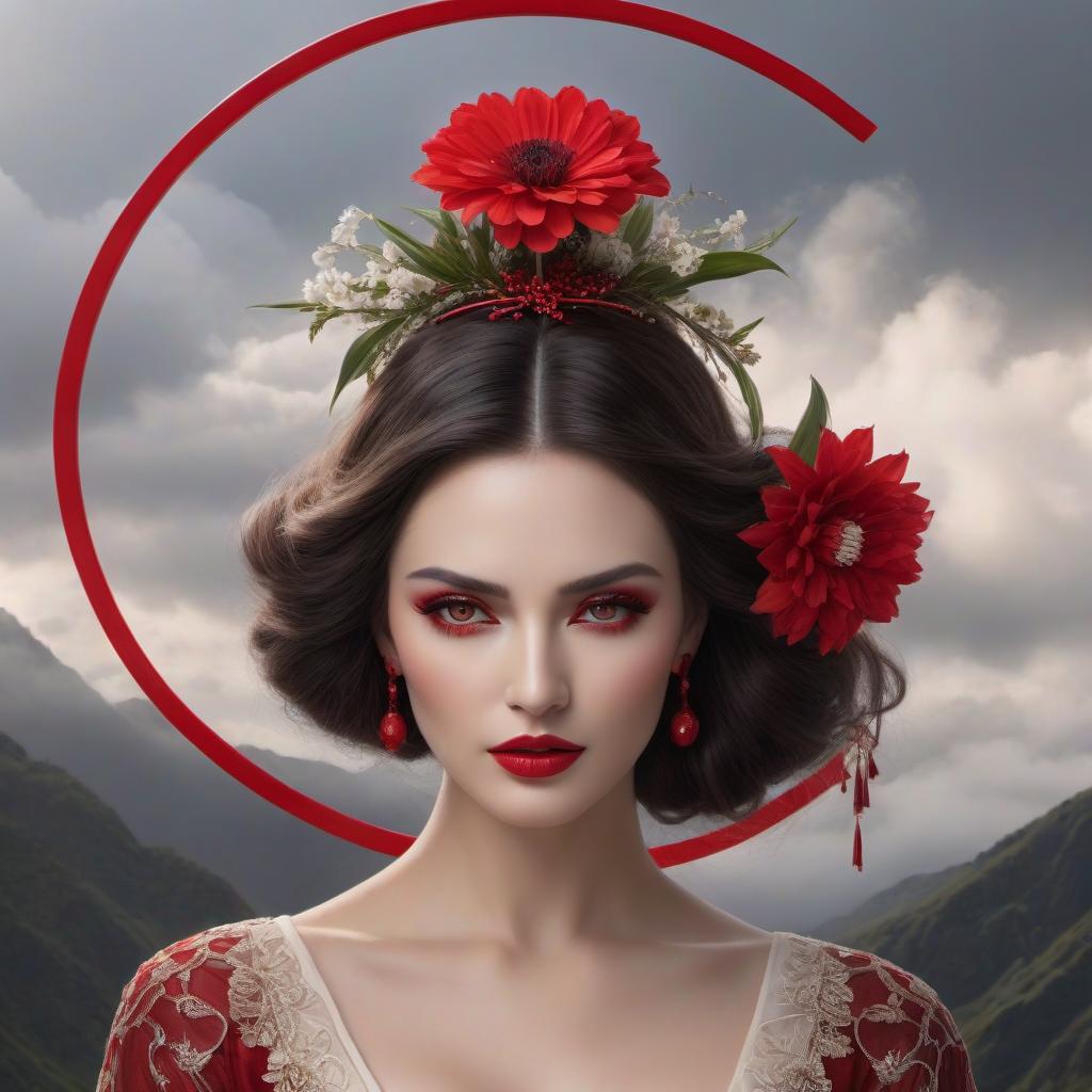  hyperrealistic art An illustration of a woman with striking red eyes, adorned with traditional hairpins and a flower, set against a cloudy backdrop and a red circle. . extremely high resolution details, photographic, realism pushed to extreme, fine texture, incredibly lifelike hyperrealistic, full body, detailed clothing, highly detailed, cinematic lighting, stunningly beautiful, intricate, sharp focus, f/1. 8, 85mm, (centered image composition), (professionally color graded), ((bright soft diffused light)), volumetric fog, trending on instagram, trending on tumblr, HDR 4K, 8K