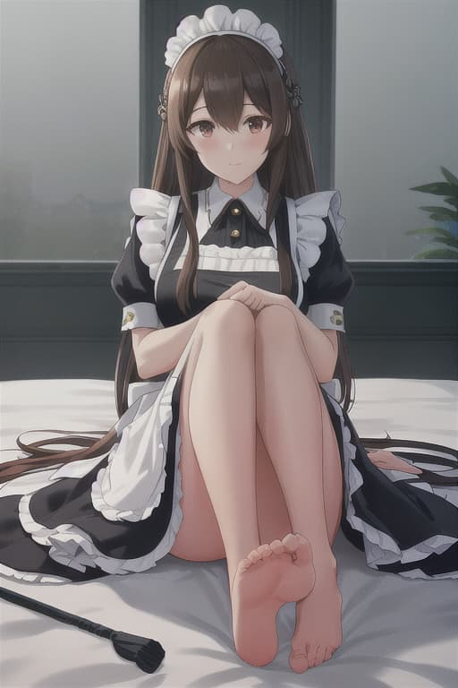  (score 9,score 8 up,score 7 up,),1girl,solo,maid,maid headdress,looking at viewer,apron,brown hair,indoors,black hair,bare foot,feet focus,two feet hyperrealistic, full body, detailed clothing, highly detailed, cinematic lighting, stunningly beautiful, intricate, sharp focus, f/1. 8, 85mm, (centered image composition), (professionally color graded), ((bright soft diffused light)), volumetric fog, trending on instagram, trending on tumblr, HDR 4K, 8K