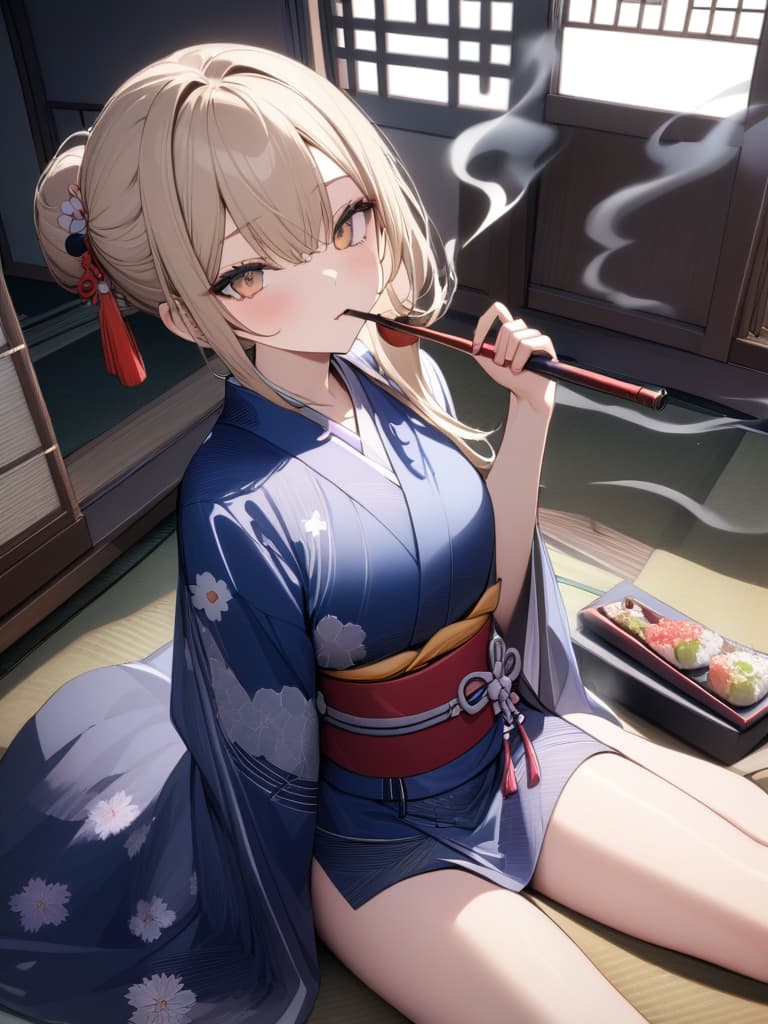  ultra detailed:1.2masterpiece:1.2,best quality,masterpiece,bestquality,hdr:1.1,8k:1.1,very cute girl:1.3,(Japanese smoke pipe:1.7),(holding,Japanese smoke pipe:1.5)blonde hair:1.3,kimono:1.3,sitting wariza:1.5,smoker:1.4, masterpiece, best quality,8k,ultra detailed,high resolution,an extremely delicate and beautiful,hyper detail