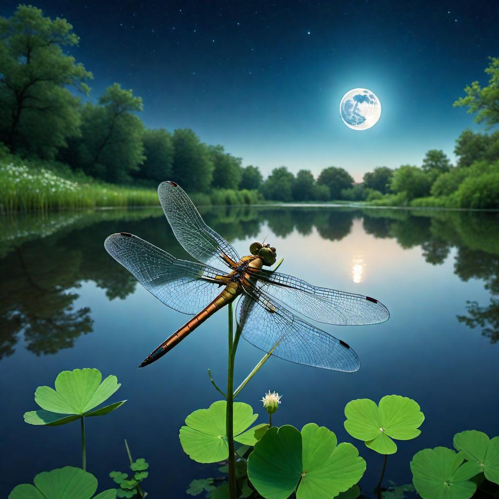  A lower, worm's-eye view looking up at a close-up of a dragonfly flying upwards from a four-leaf clover at the edge of a pond. The pond reflects both the dragonfly and the moon. The background features a blue night sky with a full moon in view, with stars lightly scattered around. The image captures the details of the dragonfly, the four-leaf clover, the pond, the reflections, and the serene beauty of the night sky. hyperrealistic, full body, detailed clothing, highly detailed, cinematic lighting, stunningly beautiful, intricate, sharp focus, f/1. 8, 85mm, (centered image composition), (professionally color graded), ((bright soft diffused light)), volumetric fog, trending on instagram, trending on tumblr, HDR 4K, 8K