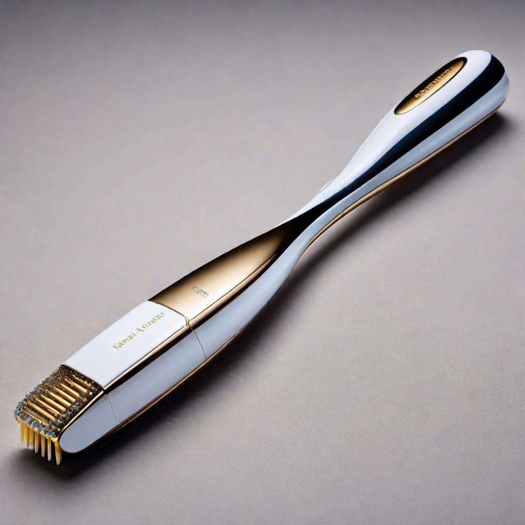  A toothbrush that looks like it could be worth $500,000. The toothbrush should be incredibly extravagant, with the handle and bristle base encrusted with large, high-quality diamonds and precious gemstones. It should have a solid gold or platinum body with intricate designs and possibly monogramming or bespoke detailing. The toothbrush should feature state-of-the-art technology, including a high-resolution touch screen, multiple advanced cleaning modes, smart connectivity, wireless charging, and even features like a built-in camera or sensors. The design should scream opulence and luxury, making it a statement piece rather than just a functional item. hyperrealistic, full body, detailed clothing, highly detailed, cinematic lighting, stunningly beautiful, intricate, sharp focus, f/1. 8, 85mm, (centered image composition), (professionally color graded), ((bright soft diffused light)), volumetric fog, trending on instagram, trending on tumblr, HDR 4K, 8K