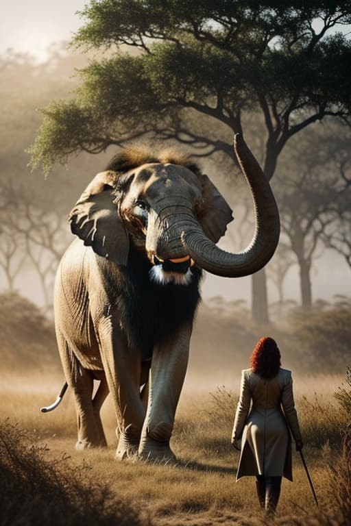  Lion and giant elephant in the savannah hyperrealistic, full body, detailed clothing, highly detailed, cinematic lighting, stunningly beautiful, intricate, sharp focus, f/1. 8, 85mm, (centered image composition), (professionally color graded), ((bright soft diffused light)), volumetric fog, trending on instagram, trending on tumblr, HDR 4K, 8K