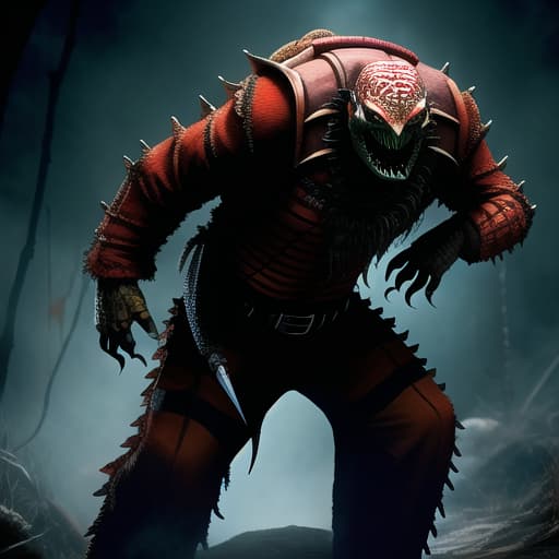  full body, fusion Freddy Krueger and a Reptile, malicious smile, bloody, gore, horror theme, nightmare, masterpiece, scale like skin, full body, lizard forked tongue, Freddy's knife fingers, , (masterpiece, best quality:1.5), HDR 4K, 8K