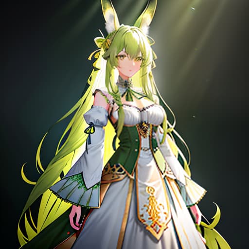  A girl with light green long hair, slightly wavy. She has hanging rabbit like ears. There are yellow ribbons on both sides of her head. She is standing sideways., (intricate details:1.12), hdr, (intricate details, hyperdetailed:1.15) hyperrealistic, full body, detailed clothing, highly detailed, cinematic lighting, stunningly beautiful, intricate, sharp focus, f/1. 8, 85mm, (centered image composition), (professionally color graded), ((bright soft diffused light)), volumetric fog, trending on instagram, trending on tumblr, HDR 4K, 8K