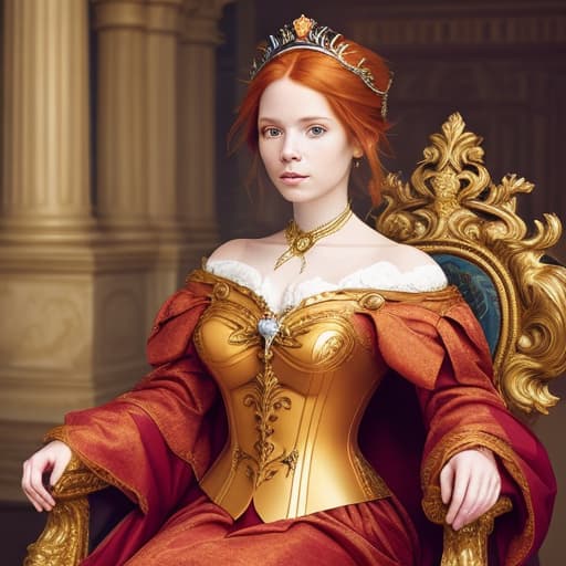  Portrait of a beautiful auburn - haired woman with a guilded crown sitting on a throne with heightened detail