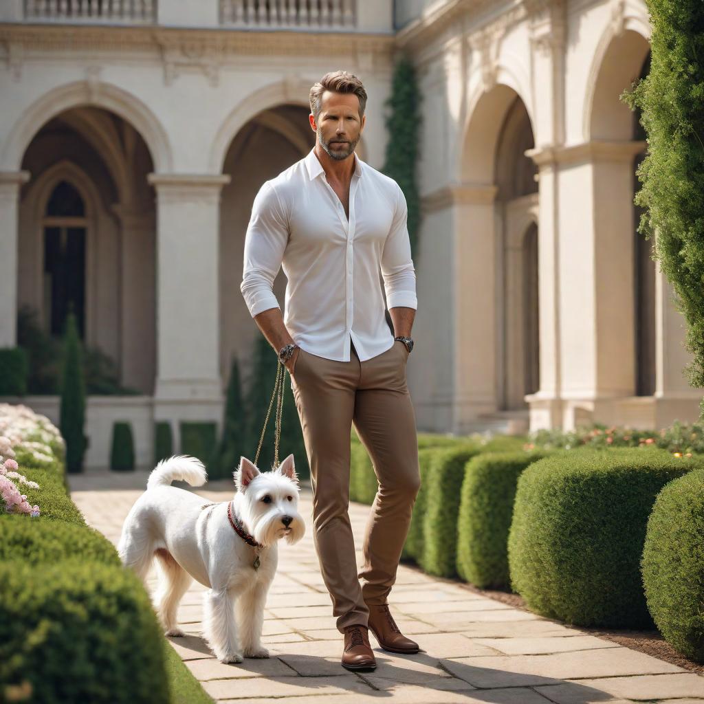  A dynamic scene set in a luxurious estate environment with a small white Schnauzer dog accurately depicted. **Title:** Performing Extraordinary Estate Management **Setting:** - A high-end estate with lush gardens, modern architecture, and sprawling lawns. **Characters:** 1. **Ryan Cohen:** Male, dressed in professional yet slightly casual attire, exuding leadership and confidence. 2. **Jonathan David:** Male, resembling Ryan Reynolds, dressed in a smart-casual outfit, with light brown hair, displaying energy and innovation. 3. **Small White Schnauzer:** Accurately depicted as a very small, adorable white dog alongside them. **Scene:** - Ryan and Jonathan actively engaging in estate management activities, discussing plans and overseeing oper hyperrealistic, full body, detailed clothing, highly detailed, cinematic lighting, stunningly beautiful, intricate, sharp focus, f/1. 8, 85mm, (centered image composition), (professionally color graded), ((bright soft diffused light)), volumetric fog, trending on instagram, trending on tumblr, HDR 4K, 8K