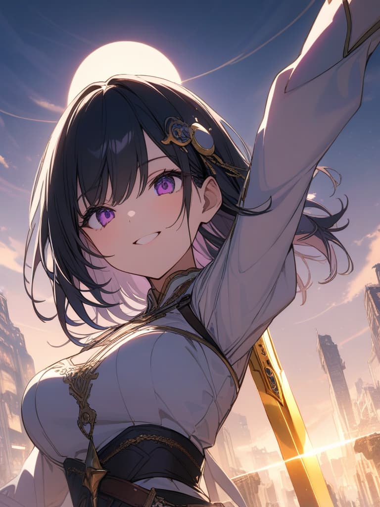  Holy sword,golden sword,burning city,smile,sword raised,golden light,Excalibur,cool girl,Black hair,(purple eyes),short,cropped hair,crescent moon hair ornament, masterpiece, best quality,8k,ultra detailed,high resolution,an extremely delicate and beautiful,hyper detail