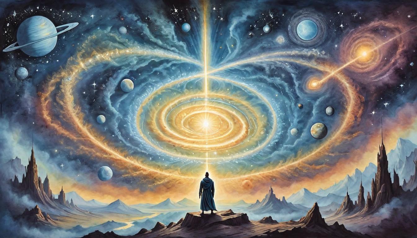  on parchment, surrealism+++, A cosmic beacon, radiating beams of light, entwined with nebulous strands of energy, backdrop of distant galaxies, cosmic strength, determination, ethereal glow(mysterious, provocative, symbolic,muted color)+++